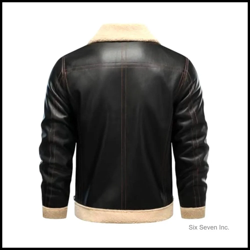 Men's Faux Leather Bomber Jacket with Faux Fleece Lining - Picture 3 of 3